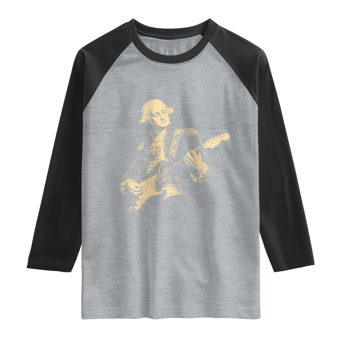 George Washington Rock Star Vintage Portrait Raglan Shirt Funny Electric Guitar Player Founding Father Retro Aesthetic Patriotic Graphic TS02 Heather Gray Black Print Your Wear