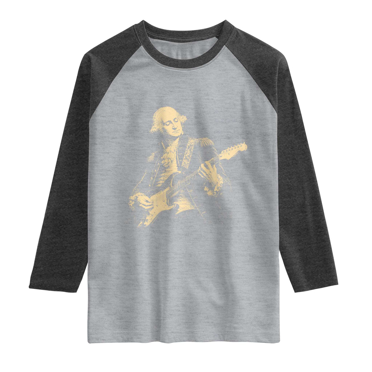 George Washington Rock Star Vintage Portrait Raglan Shirt Funny Electric Guitar Player Founding Father Retro Aesthetic Patriotic Graphic TS02 Heather Gray Heather Charcoal Print Your Wear