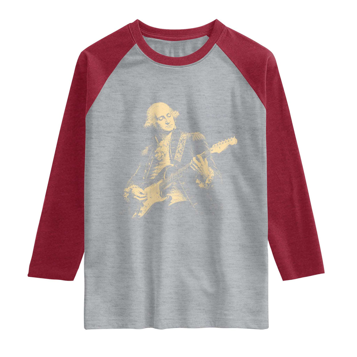 George Washington Rock Star Vintage Portrait Raglan Shirt Funny Electric Guitar Player Founding Father Retro Aesthetic Patriotic Graphic TS02 Heather Gray Heather Red Print Your Wear