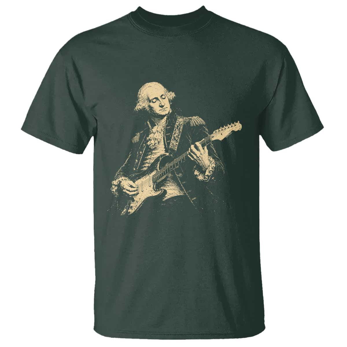 George Washington Rock Star Vintage Portrait T Shirt Funny Electric Guitar Player Founding Father Retro Aesthetic Patriotic Graphic TS02 Dark Forest Green Print Your Wear