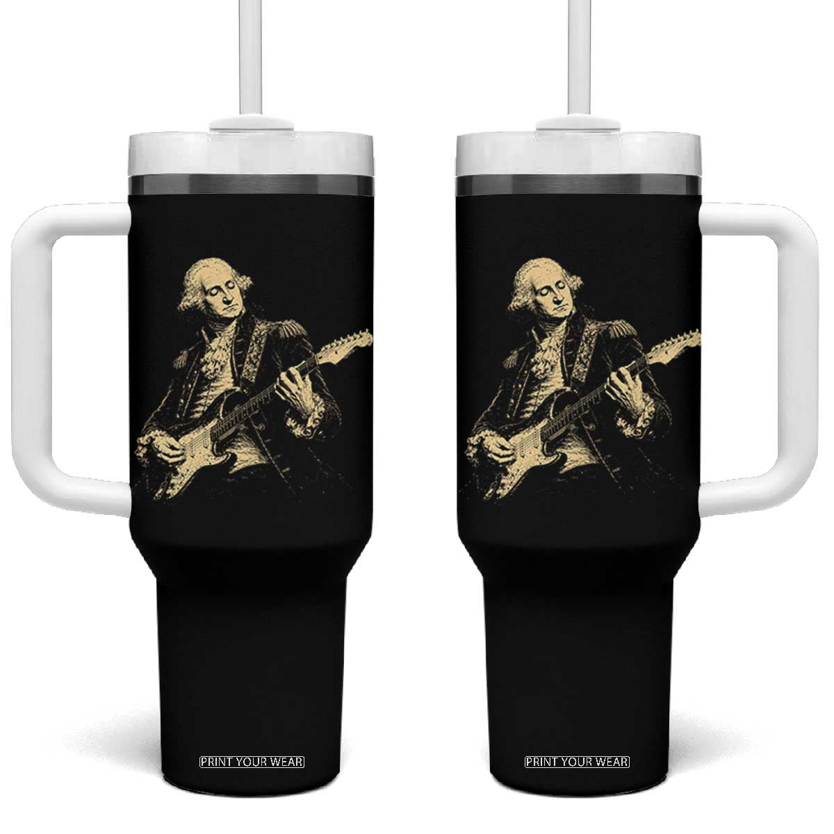 George Washington Rock Star Vintage Portrait Tumbler With Handle Funny Electric Guitar Player Founding Father Retro Aesthetic Patriotic Graphic TS02 One Size: 40 oz Black Print Your Wear