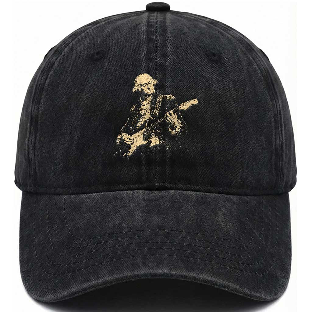 George Washington Rock Star Vintage Portrait Washed Cotton Baseball Cap Funny Electric Guitar Player Founding Father Retro Aesthetic Patriotic Graphic TS02 Print Your Wear
