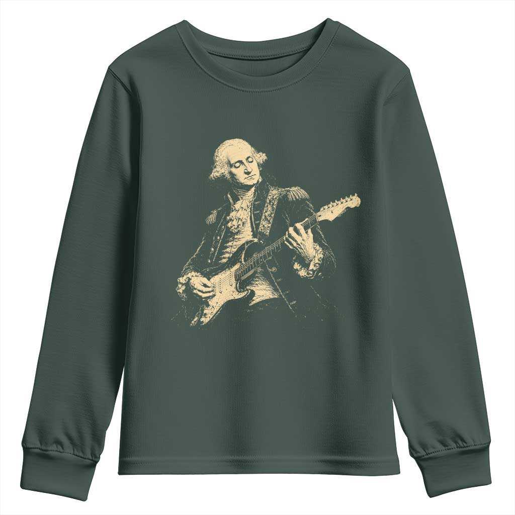 George Washington Rock Star Vintage Portrait Youth Sweatshirt Funny Electric Guitar Player Founding Father Retro Aesthetic Patriotic Graphic TS02 Dark Forest Green Print Your Wear