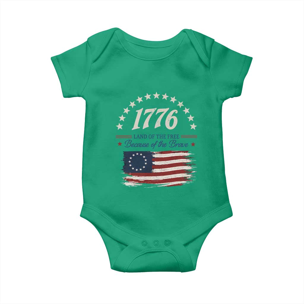1776 Land of the Free Distressed Arch Graphic Baby Onesie Vintage Betsy Ross American Flag Stars Retro Patriotic TS02 Irish Green Print Your Wear