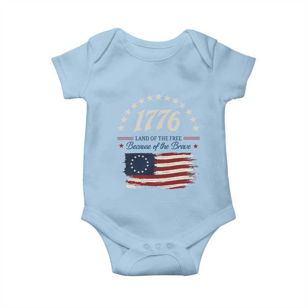 1776 Land of the Free Distressed Arch Graphic Baby Onesie Vintage Betsy Ross American Flag Stars Retro Patriotic TS02 Light Blue Print Your Wear