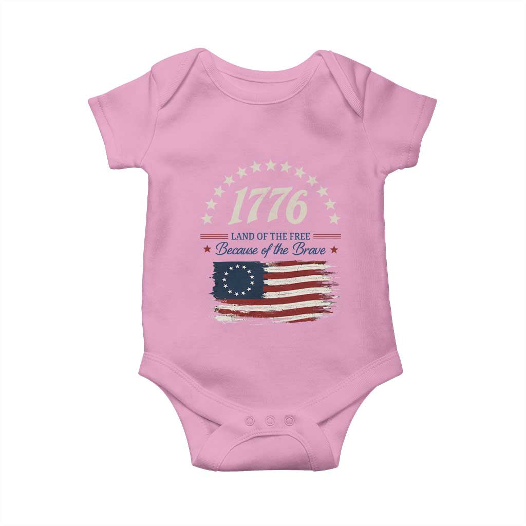 1776 Land of the Free Distressed Arch Graphic Baby Onesie Vintage Betsy Ross American Flag Stars Retro Patriotic TS02 Light Pink Print Your Wear