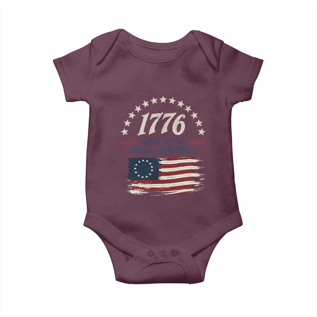 1776 Land of the Free Distressed Arch Graphic Baby Onesie Vintage Betsy Ross American Flag Stars Retro Patriotic TS02 Maroon Print Your Wear