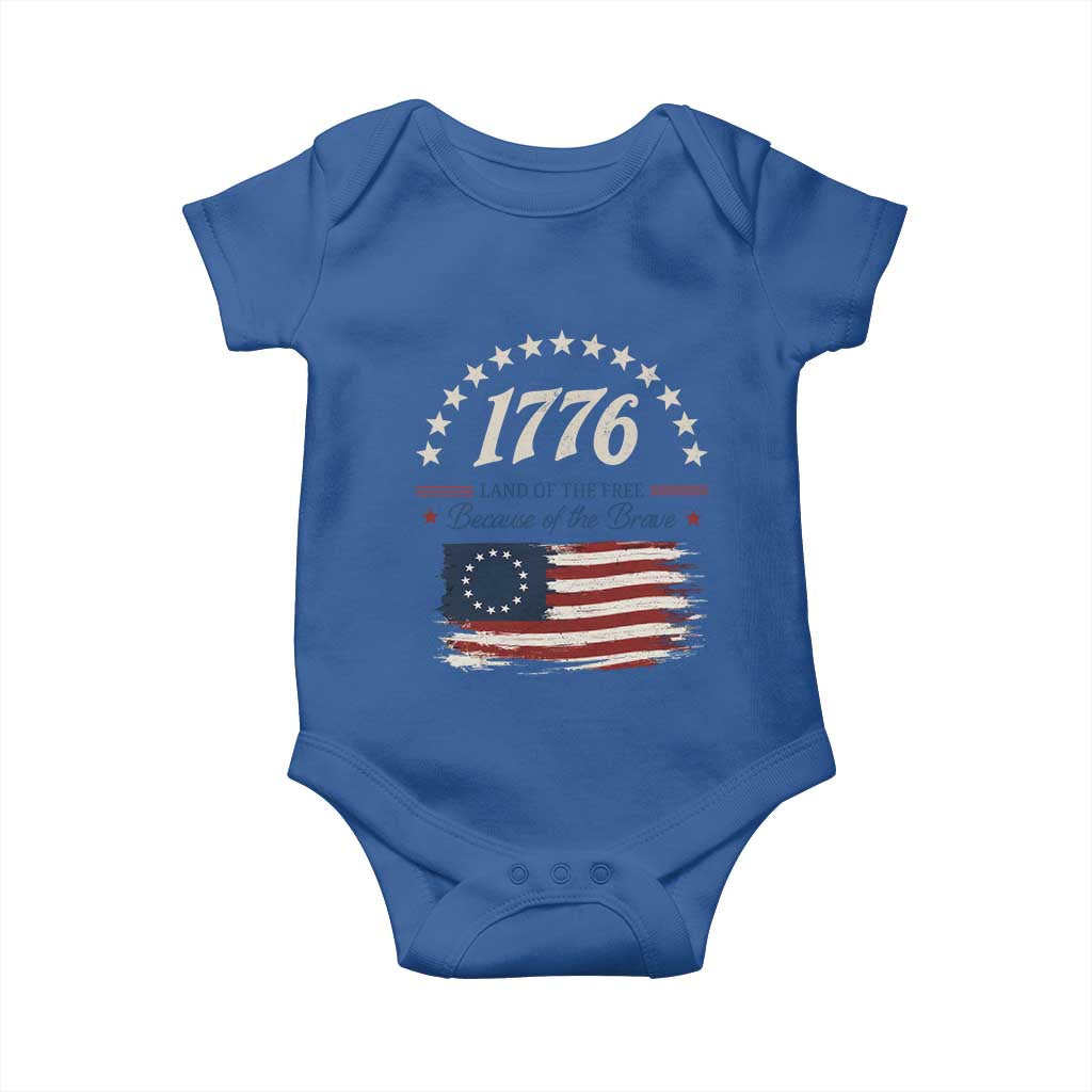 1776 Land of the Free Distressed Arch Graphic Baby Onesie Vintage Betsy Ross American Flag Stars Retro Patriotic TS02 Royal Blue Print Your Wear