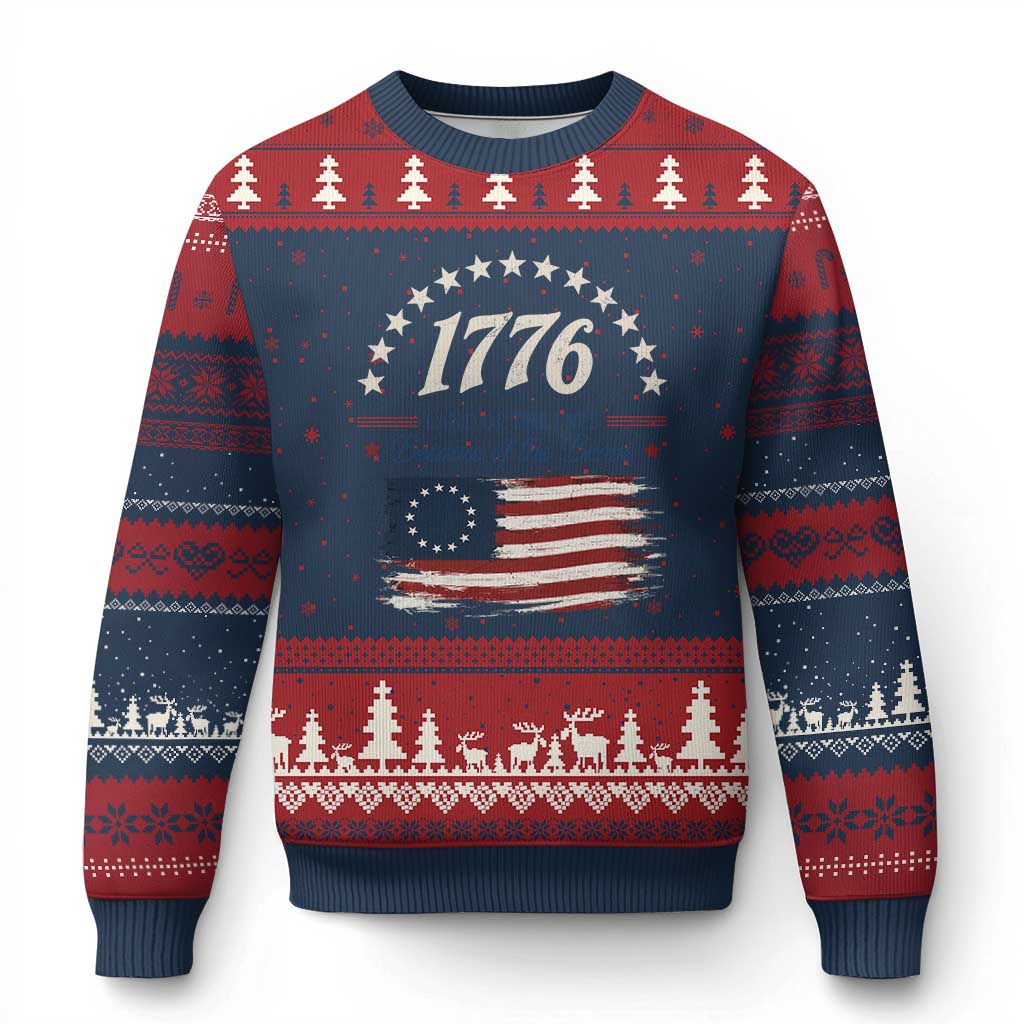 1776 Land of the Free Distressed Arch Graphic Ugly Christmas Sweater Vintage Betsy Ross American Flag Stars Retro Patriotic TS02 Navy Red Print Your Wear