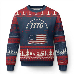 1776 Land of the Free Distressed Arch Graphic Ugly Christmas Sweater Vintage Betsy Ross American Flag Stars Retro Patriotic TS02 Navy Red Print Your Wear