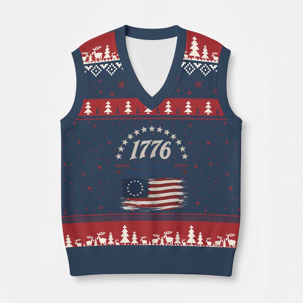 1776 Land of the Free Distressed Arch Graphic V-Neck Knit Sweater Vest Vintage Betsy Ross American Flag Stars Retro Patriotic TS02 Navy Red Print Your Wear
