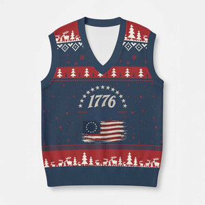 1776 Land of the Free Distressed Arch Graphic V-Neck Knit Sweater Vest Vintage Betsy Ross American Flag Stars Retro Patriotic TS02 Navy Red Print Your Wear