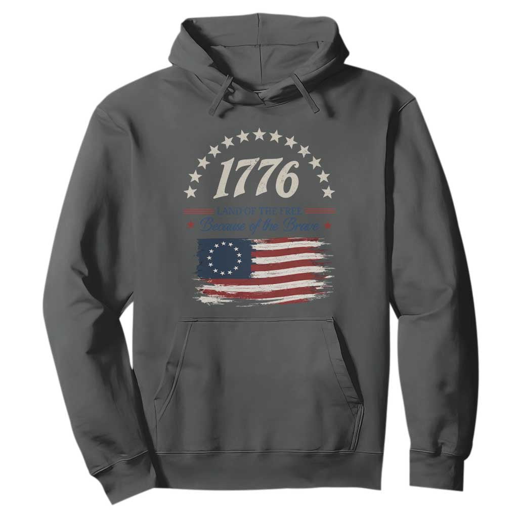 1776 Land of the Free Distressed Arch Graphic Hoodie Vintage Betsy Ross American Flag Stars Retro Patriotic TS02 Dark Heather Print Your Wear