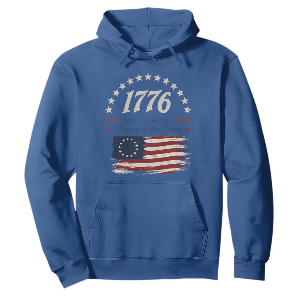 1776 Land of the Free Distressed Arch Graphic Hoodie Vintage Betsy Ross American Flag Stars Retro Patriotic TS02 Royal Blue Print Your Wear