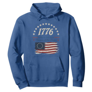1776 Land of the Free Distressed Arch Graphic Hoodie Vintage Betsy Ross American Flag Stars Retro Patriotic TS02 Royal Blue Print Your Wear