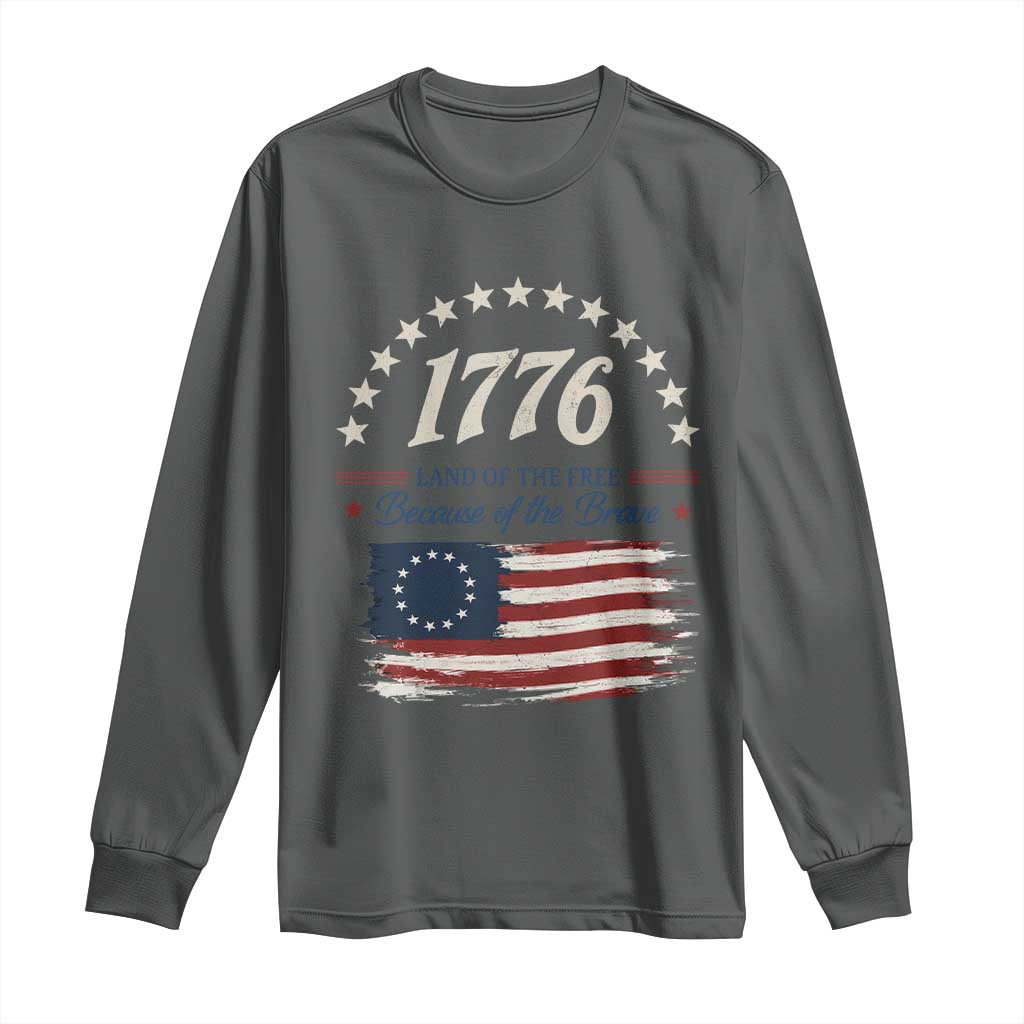 1776 Land of the Free Distressed Arch Graphic Long Sleeve Shirt Vintage Betsy Ross American Flag Stars Retro Patriotic TS02 Dark Heather Print Your Wear