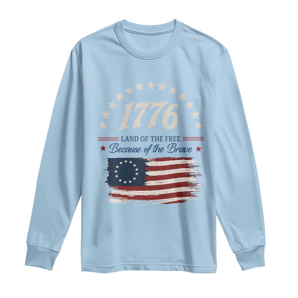1776 Land of the Free Distressed Arch Graphic Long Sleeve Shirt Vintage Betsy Ross American Flag Stars Retro Patriotic TS02 Light Blue Print Your Wear