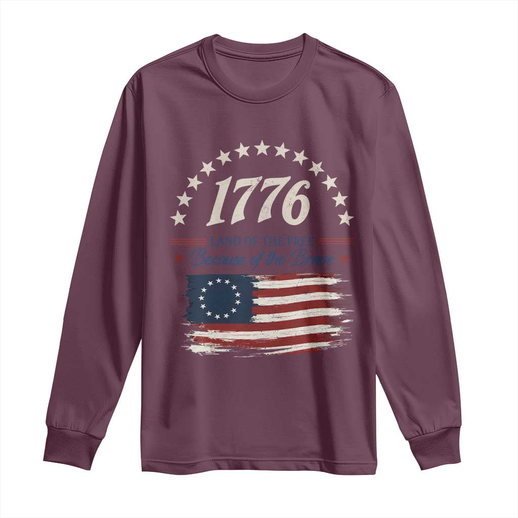 1776 Land of the Free Distressed Arch Graphic Long Sleeve Shirt Vintage Betsy Ross American Flag Stars Retro Patriotic TS02 Maroon Print Your Wear