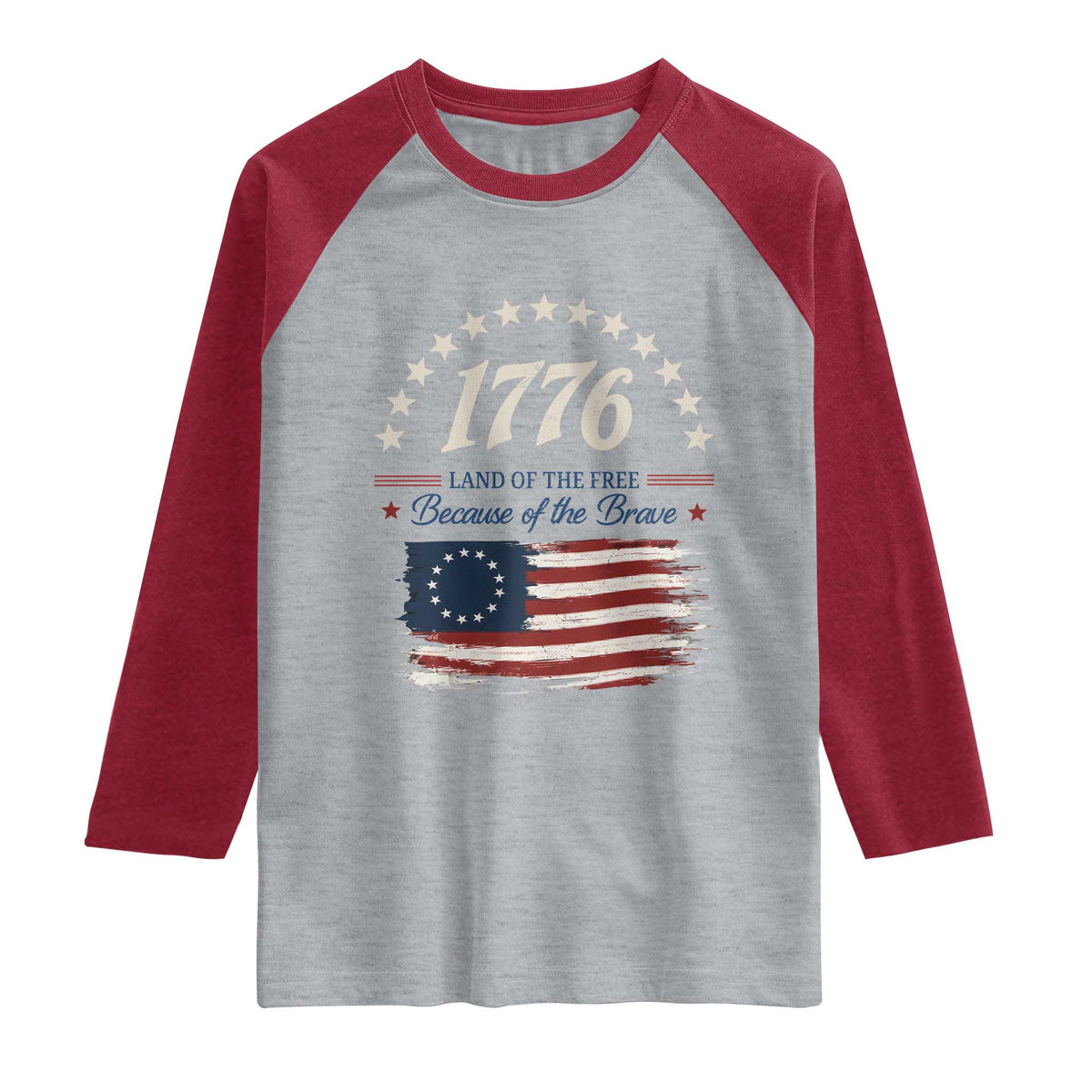 1776 Land of the Free Distressed Arch Graphic Raglan Shirt Vintage Betsy Ross American Flag Stars Retro Patriotic TS02 Heather Gray Heather Red Print Your Wear