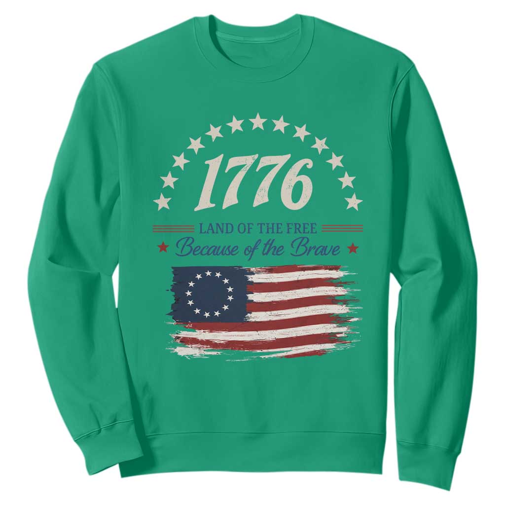 1776 Land of the Free Distressed Arch Graphic Sweatshirt Vintage Betsy Ross American Flag Stars Retro Patriotic TS02 Irish Green Print Your Wear