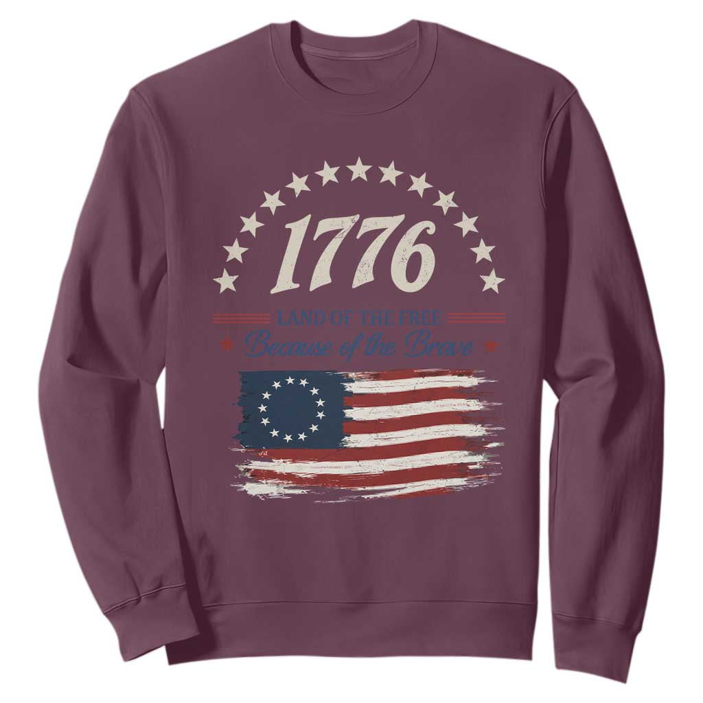 1776 Land of the Free Distressed Arch Graphic Sweatshirt Vintage Betsy Ross American Flag Stars Retro Patriotic TS02 Maroon Print Your Wear