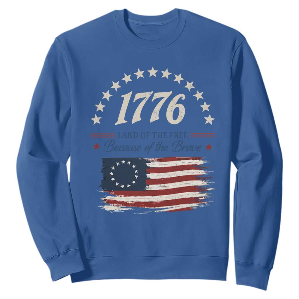 1776 Land of the Free Distressed Arch Graphic Sweatshirt Vintage Betsy Ross American Flag Stars Retro Patriotic TS02 Royal Blue Print Your Wear