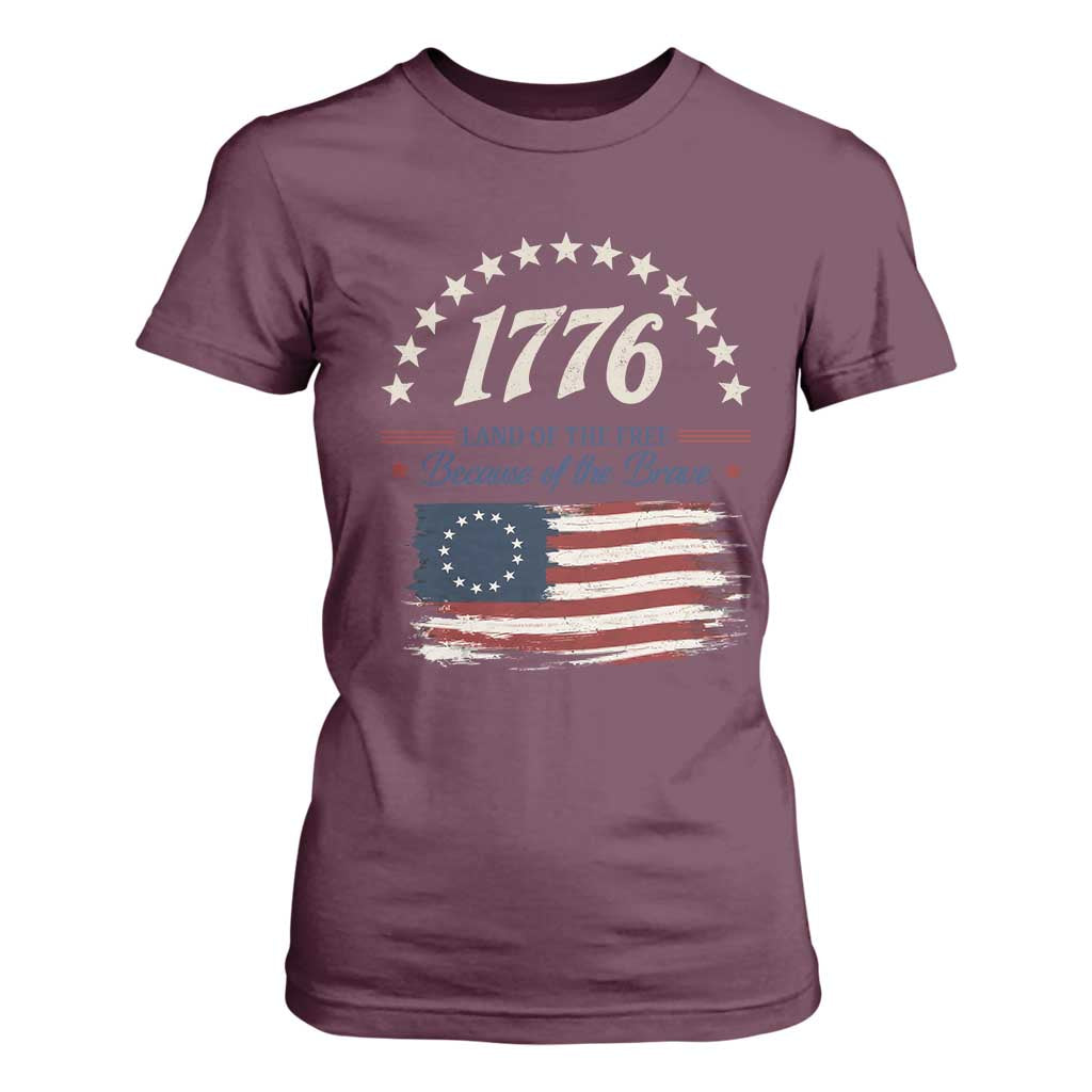 1776 Land of the Free Distressed Arch Graphic T Shirt For Women Vintage Betsy Ross American Flag Stars Retro Patriotic TS02 Maroon Print Your Wear