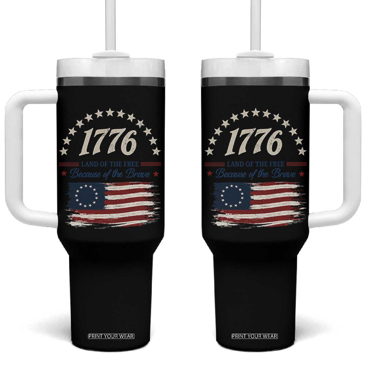 1776 Land of the Free Distressed Arch Graphic Tumbler With Handle Vintage Betsy Ross American Flag Stars Retro Patriotic TS02 One Size: 40 oz Black Print Your Wear
