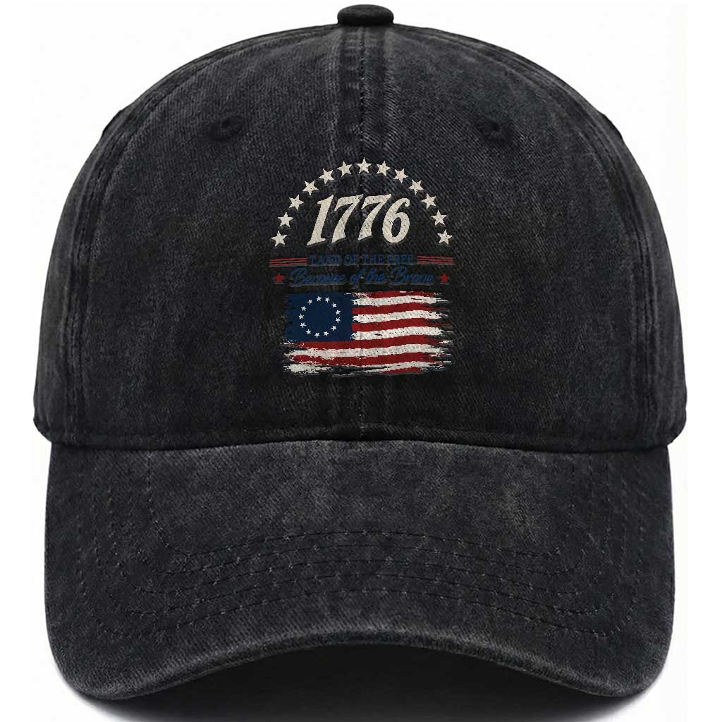 1776 Land of the Free Distressed Arch Graphic Washed Cotton Baseball Cap Vintage Betsy Ross American Flag Stars Retro Patriotic TS02 Print Your Wear