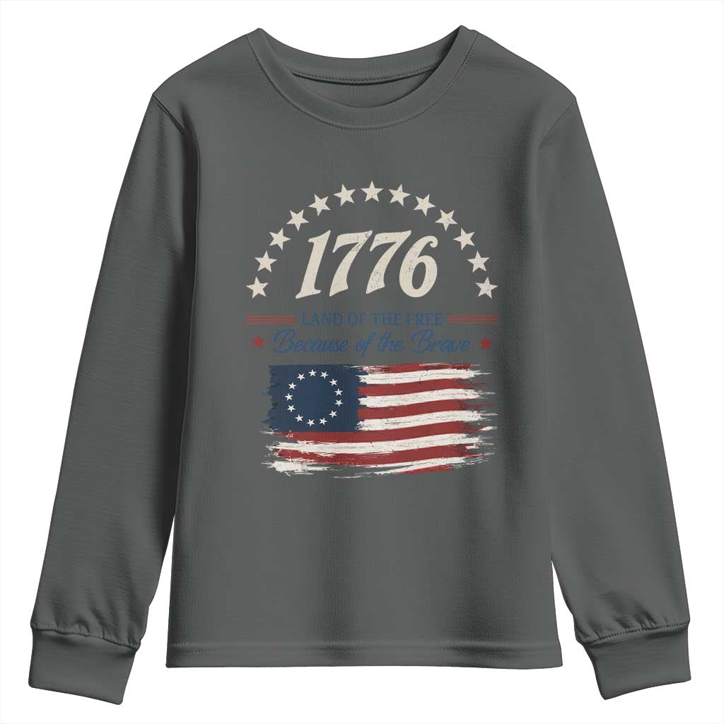 1776 Land of the Free Distressed Arch Graphic Youth Sweatshirt Vintage Betsy Ross American Flag Stars Retro Patriotic TS02 Dark Heather Print Your Wear
