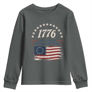 1776 Land of the Free Distressed Arch Graphic Youth Sweatshirt Vintage Betsy Ross American Flag Stars Retro Patriotic TS02 Dark Heather Print Your Wear