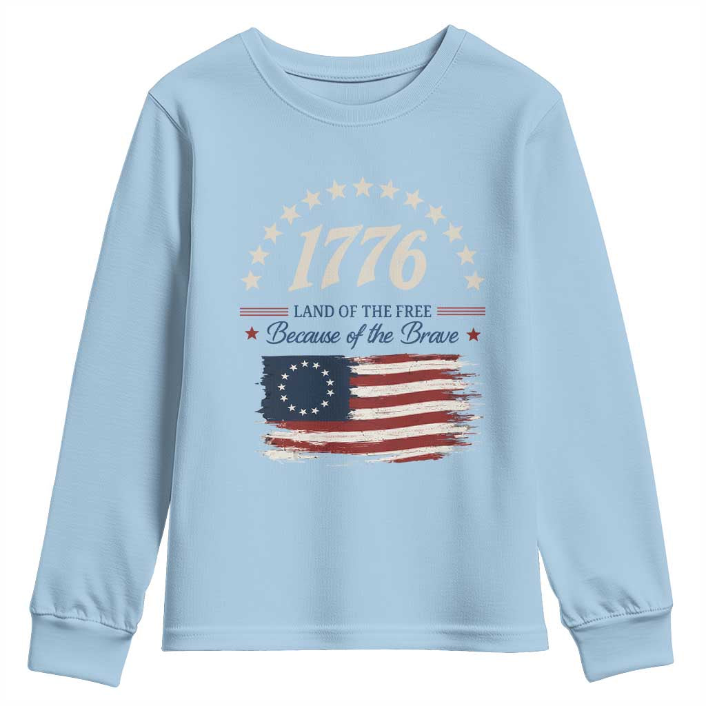 1776 Land of the Free Distressed Arch Graphic Youth Sweatshirt Vintage Betsy Ross American Flag Stars Retro Patriotic TS02 Light Blue Print Your Wear