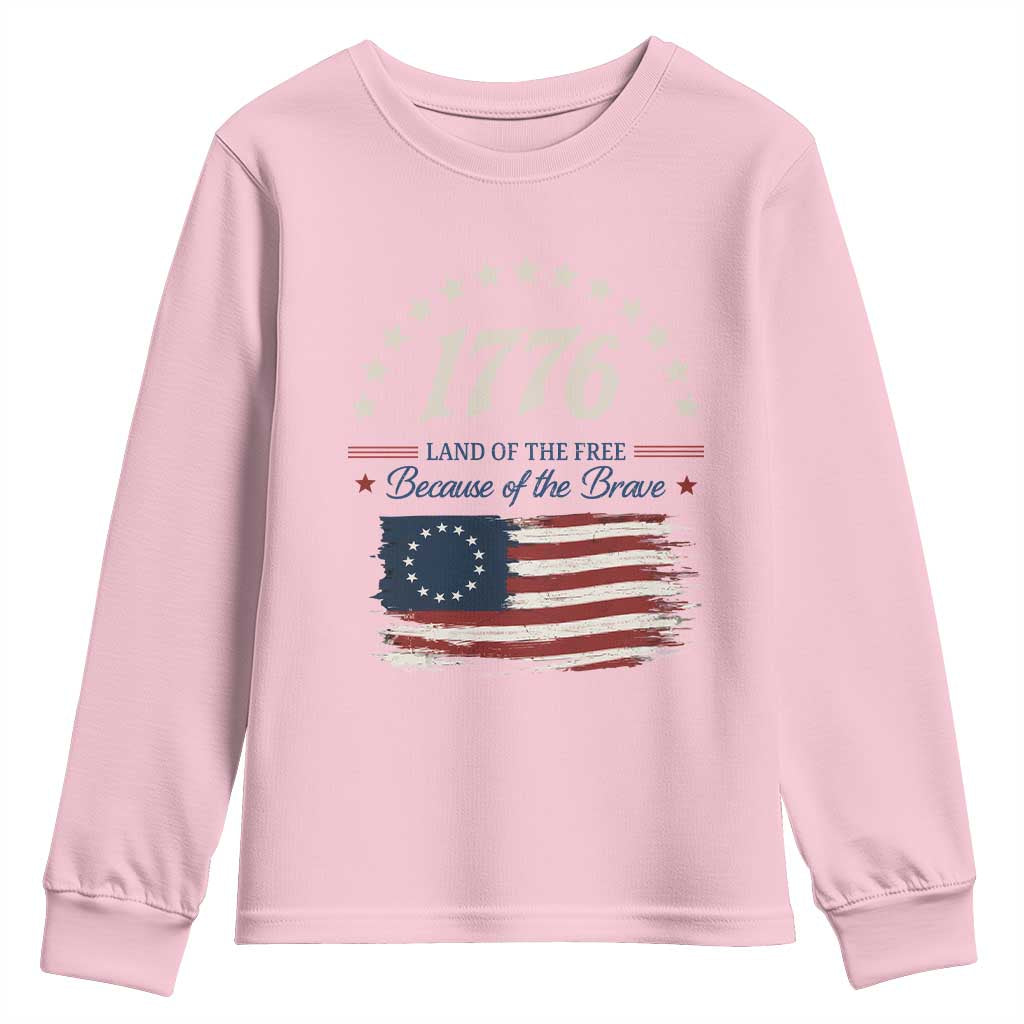 1776 Land of the Free Distressed Arch Graphic Youth Sweatshirt Vintage Betsy Ross American Flag Stars Retro Patriotic TS02 Light Pink Print Your Wear