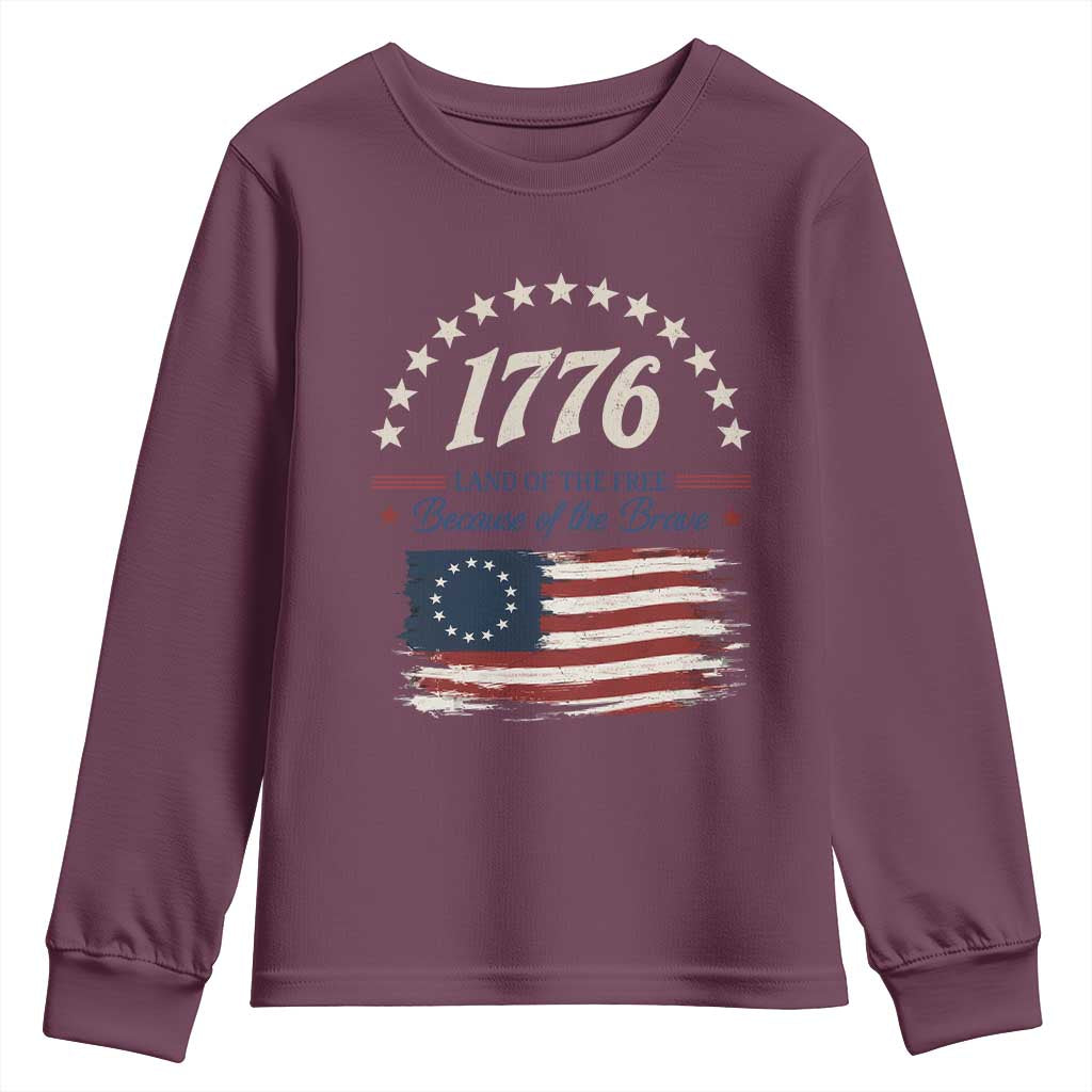 1776 Land of the Free Distressed Arch Graphic Youth Sweatshirt Vintage Betsy Ross American Flag Stars Retro Patriotic TS02 Maroon Print Your Wear