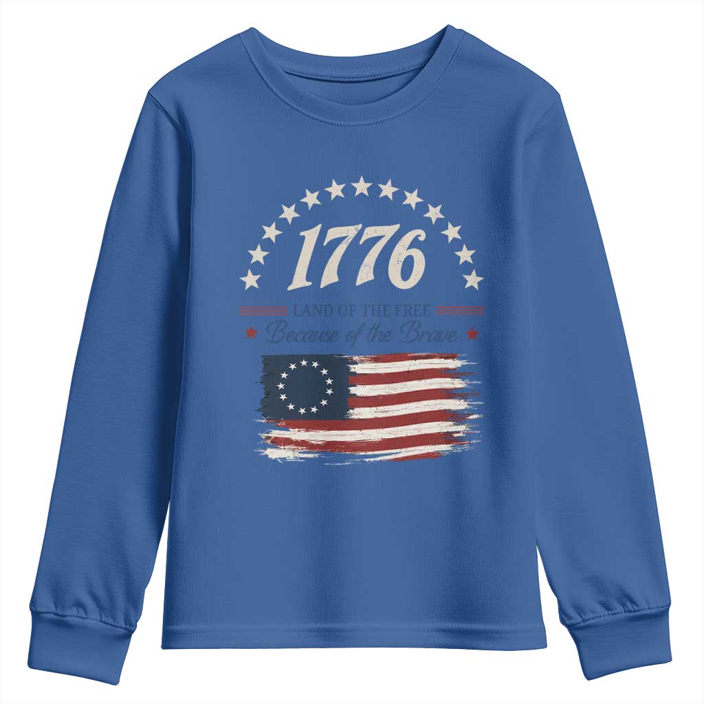 1776 Land of the Free Distressed Arch Graphic Youth Sweatshirt Vintage Betsy Ross American Flag Stars Retro Patriotic TS02 Royal Blue Print Your Wear