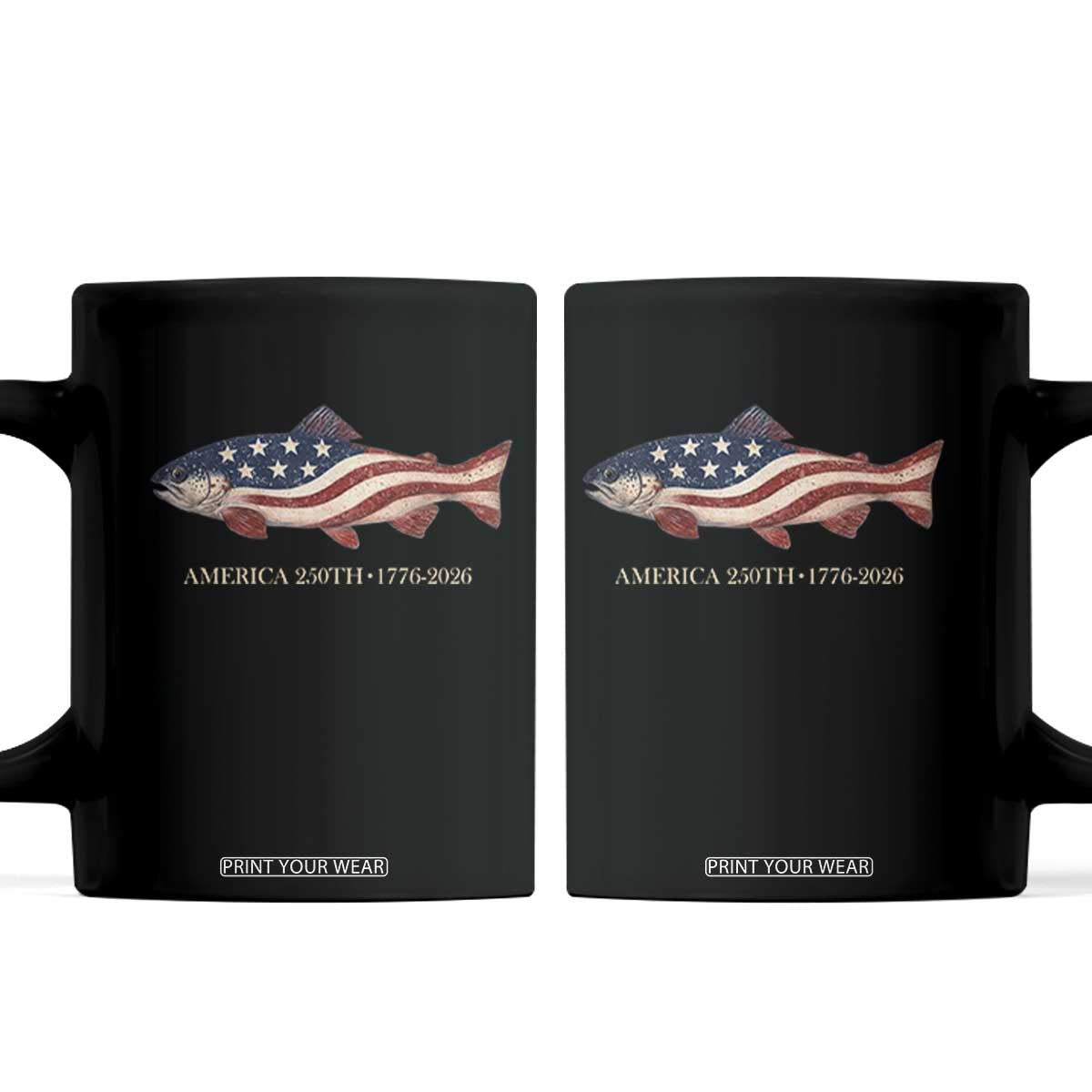 America 250th Anniversary Patriotic Fish Graphic Coffee Mug American Flag Salmon Trout Fishing 1776 to 2026 Semiquincentennial