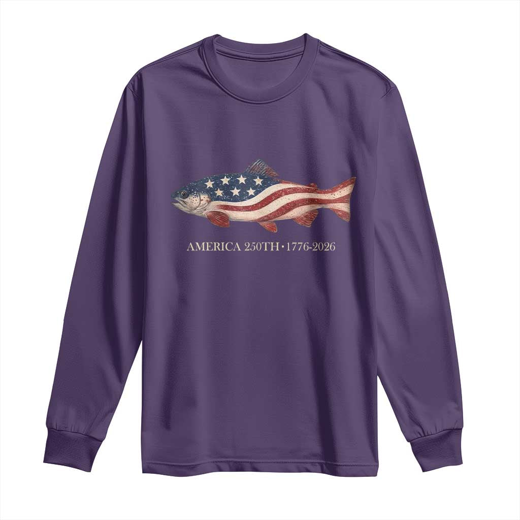 America 250th Anniversary Patriotic Fish Graphic Long Sleeve Shirt American Flag Salmon Trout Fishing 1776 to 2026 Semiquincentennial TS02 Purple Print Your Wear