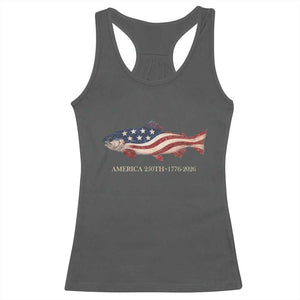 America 250th Anniversary Patriotic Fish Graphic Racerback Tank Top American Flag Salmon Trout Fishing 1776 to 2026 Semiquincentennial TS02 Dark Heather Print Your Wear