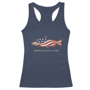 America 250th Anniversary Patriotic Fish Graphic Racerback Tank Top American Flag Salmon Trout Fishing 1776 to 2026 Semiquincentennial TS02 Navy Print Your Wear