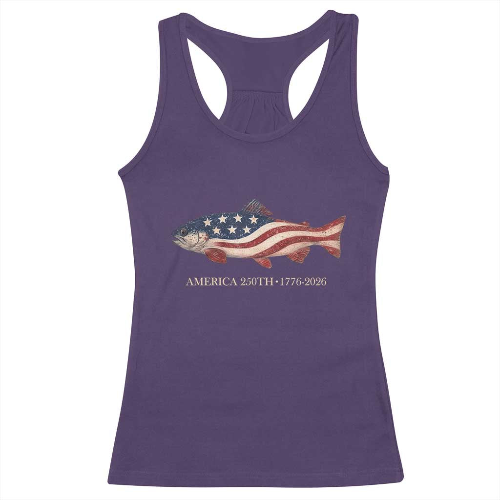 America 250th Anniversary Patriotic Fish Graphic Racerback Tank Top American Flag Salmon Trout Fishing 1776 to 2026 Semiquincentennial TS02 Purple Print Your Wear