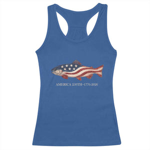 America 250th Anniversary Patriotic Fish Graphic Racerback Tank Top American Flag Salmon Trout Fishing 1776 to 2026 Semiquincentennial TS02 Royal Blue Print Your Wear