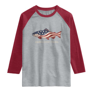 America 250th Anniversary Patriotic Fish Graphic Raglan Shirt American Flag Salmon Trout Fishing 1776 to 2026 Semiquincentennial TS02 Heather Gray Heather Red Print Your Wear