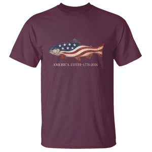 America 250th Anniversary Patriotic Fish Graphic T Shirt American Flag Salmon Trout Fishing 1776 to 2026 Semiquincentennial TS02 Maroon Print Your Wear