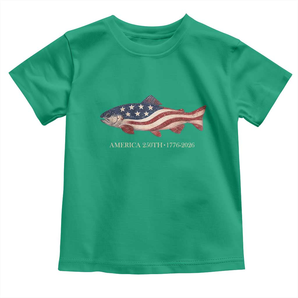 America 250th Anniversary Patriotic Fish Graphic Toddler T Shirt American Flag Salmon Trout Fishing 1776 to 2026 Semiquincentennial TS02 Irish Green Print Your Wear