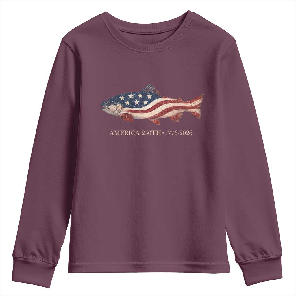 America 250th Anniversary Patriotic Fish Graphic Youth Sweatshirt American Flag Salmon Trout Fishing 1776 to 2026 Semiquincentennial TS02 Maroon Print Your Wear