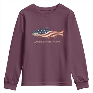 America 250th Anniversary Patriotic Fish Graphic Youth Sweatshirt American Flag Salmon Trout Fishing 1776 to 2026 Semiquincentennial TS02 Maroon Print Your Wear