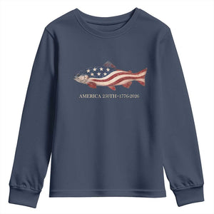 America 250th Anniversary Patriotic Fish Graphic Youth Sweatshirt American Flag Salmon Trout Fishing 1776 to 2026 Semiquincentennial TS02 Navy Print Your Wear