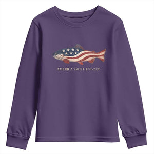 America 250th Anniversary Patriotic Fish Graphic Youth Sweatshirt American Flag Salmon Trout Fishing 1776 to 2026 Semiquincentennial TS02 Purple Print Your Wear