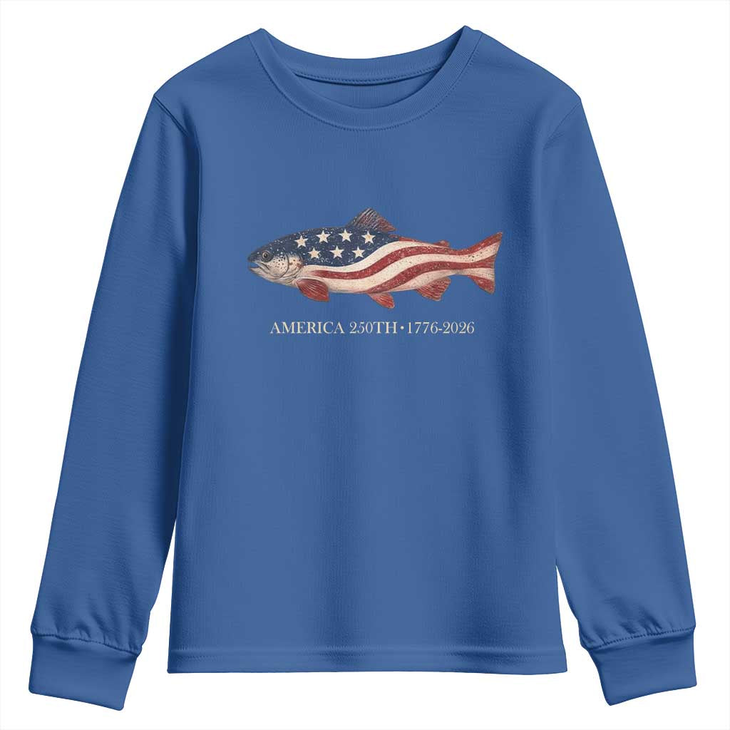 America 250th Anniversary Patriotic Fish Graphic Youth Sweatshirt American Flag Salmon Trout Fishing 1776 to 2026 Semiquincentennial TS02 Royal Blue Print Your Wear