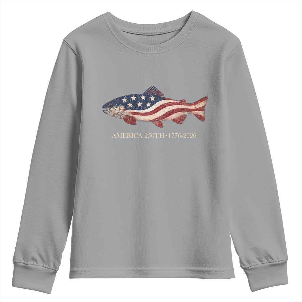 America 250th Anniversary Patriotic Fish Graphic Youth Sweatshirt American Flag Salmon Trout Fishing 1776 to 2026 Semiquincentennial TS02 Sport Gray Print Your Wear